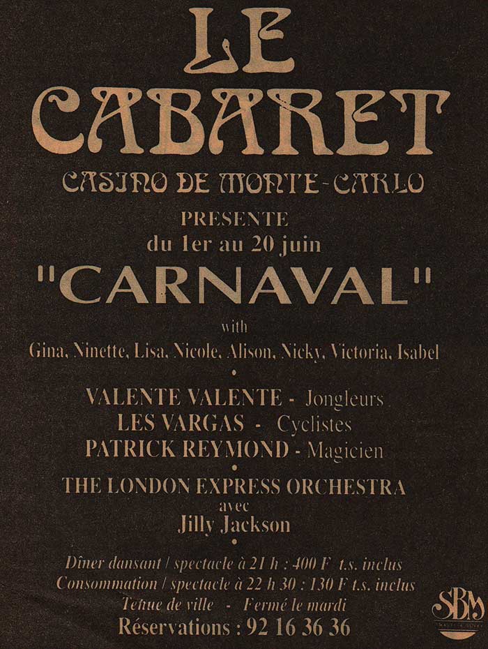 Affiche publicitaire du spectacle Carnaval du cabaret du casino Monte-Carlo